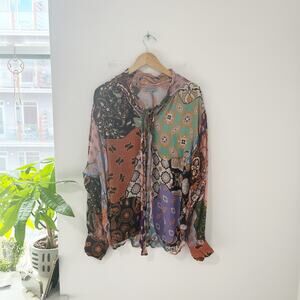 Conditions Apply Multi Color Retro Print Neck Tie Blouse Size 3X